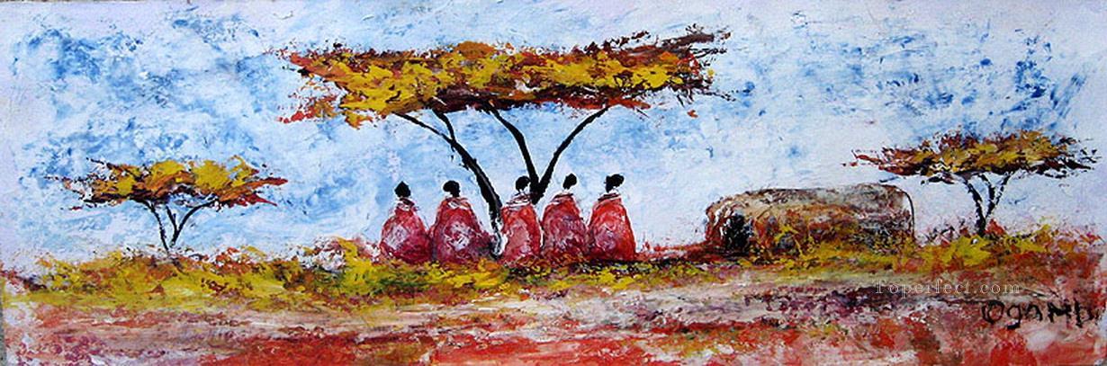 Cinq Massaïs sous Acacia de l’Afrique Peintures à l'huile